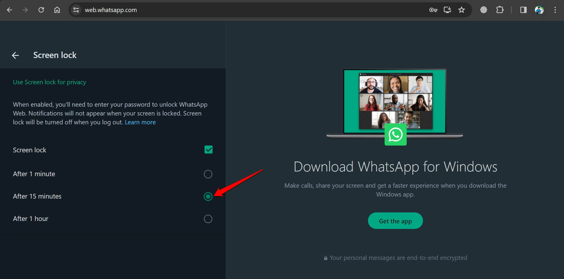 imposta il tempo di blocco schermo whatsapp web