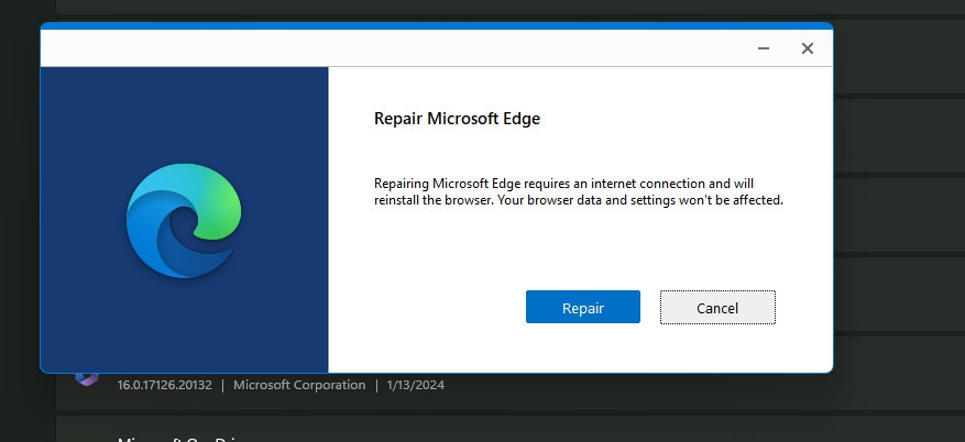 Ripara l'installazione di Edge - Microsoft Edge non risponde
