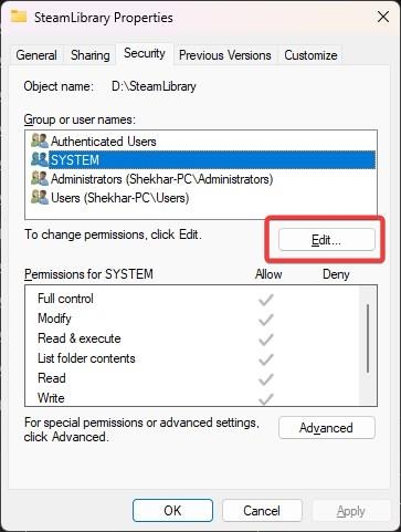 Editar permisos de seguridad