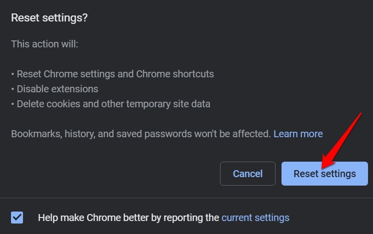 Einstellungen für den Chrome-Browser zurücksetzen bestätigen