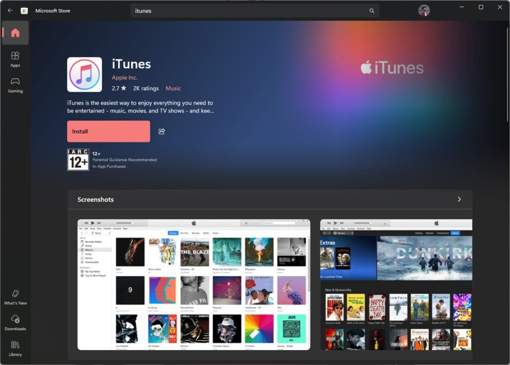 iTunes Microsoft Storeをダウンロード