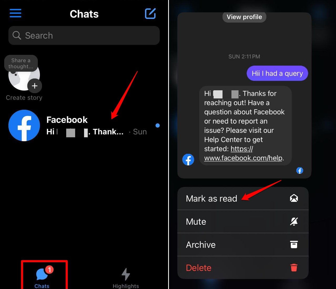 Messenger iOSで未読メッセージを表示する方法