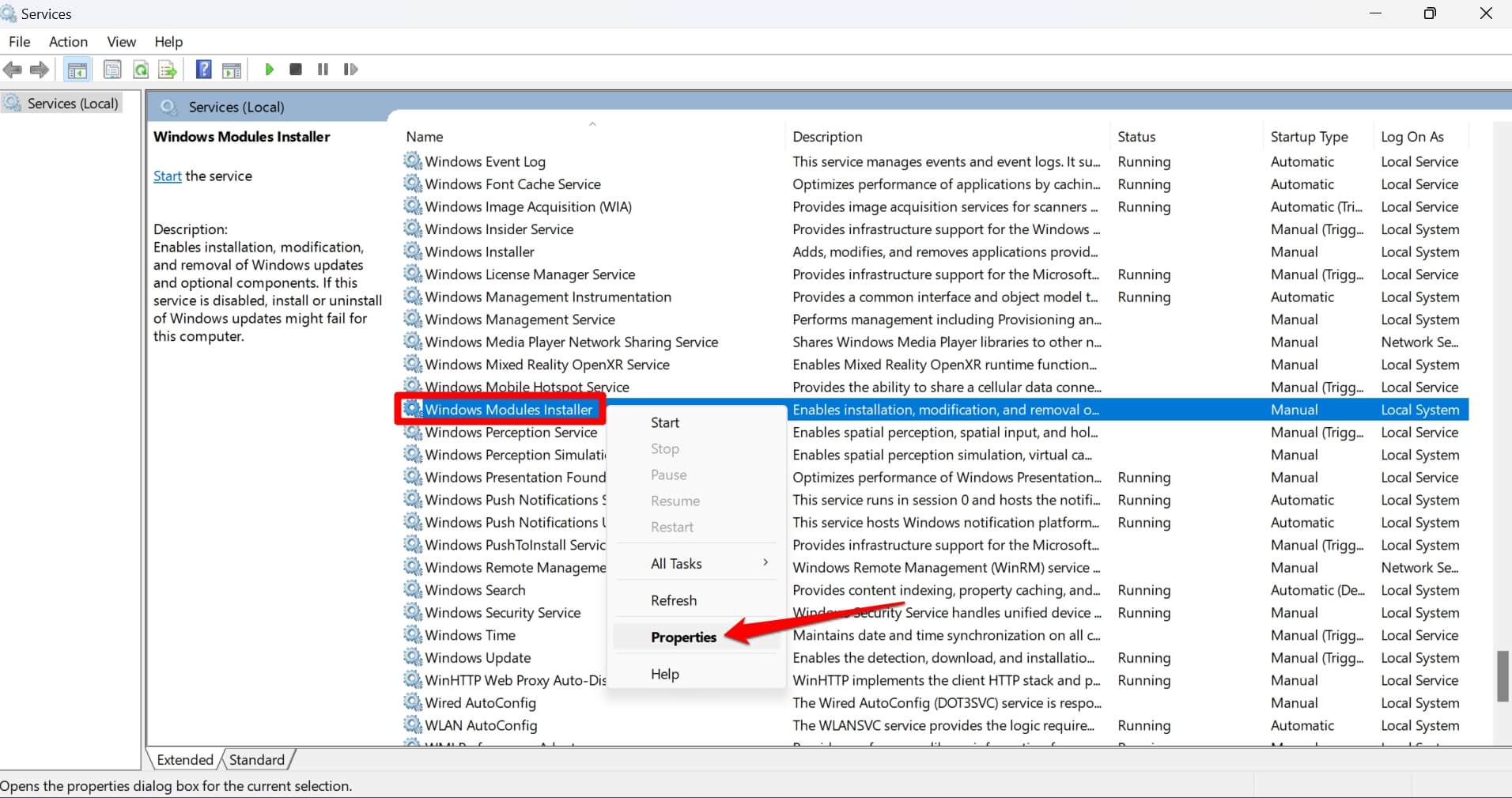 propiedades del instalador de módulos de Windows