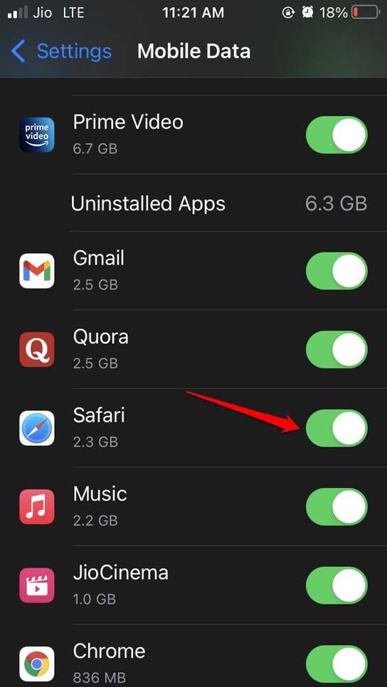 mobile Daten für Safari aktivieren