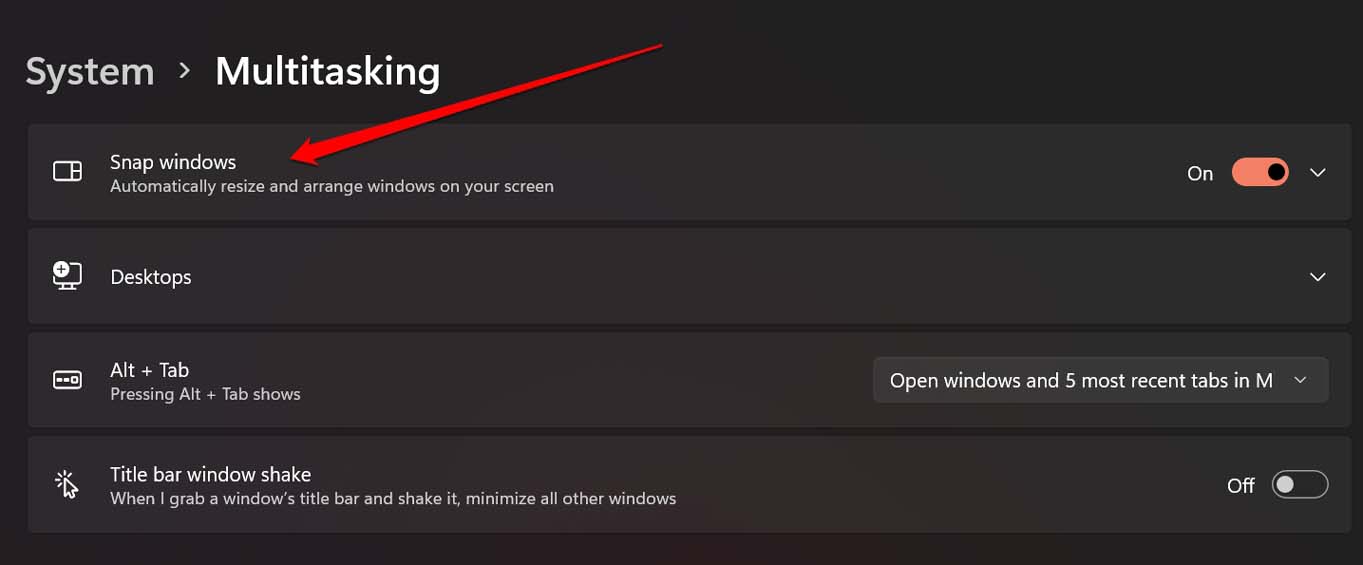 abilita snap windows