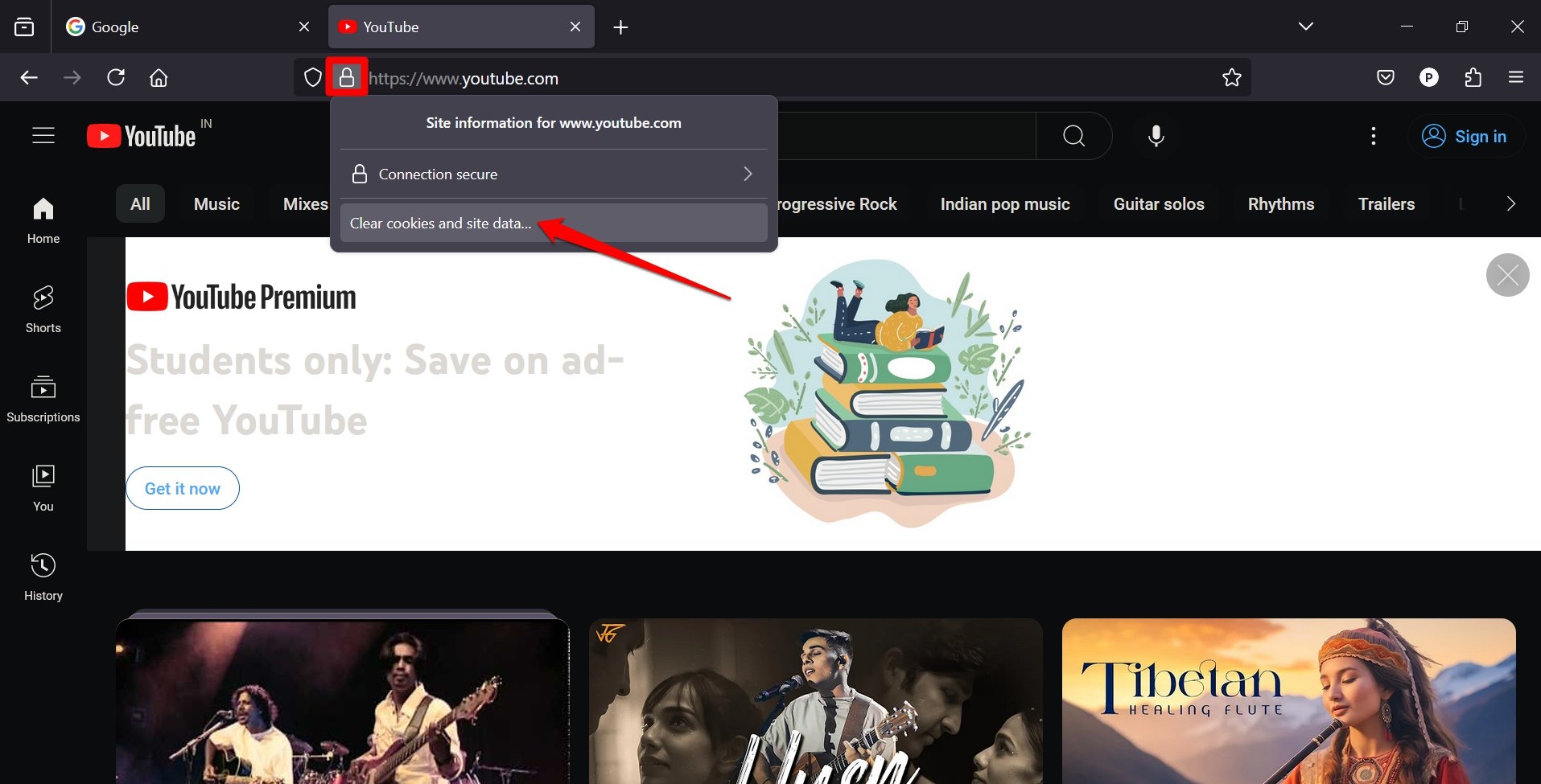 borrar cookies y datos del sitio de YouTube en Firefox