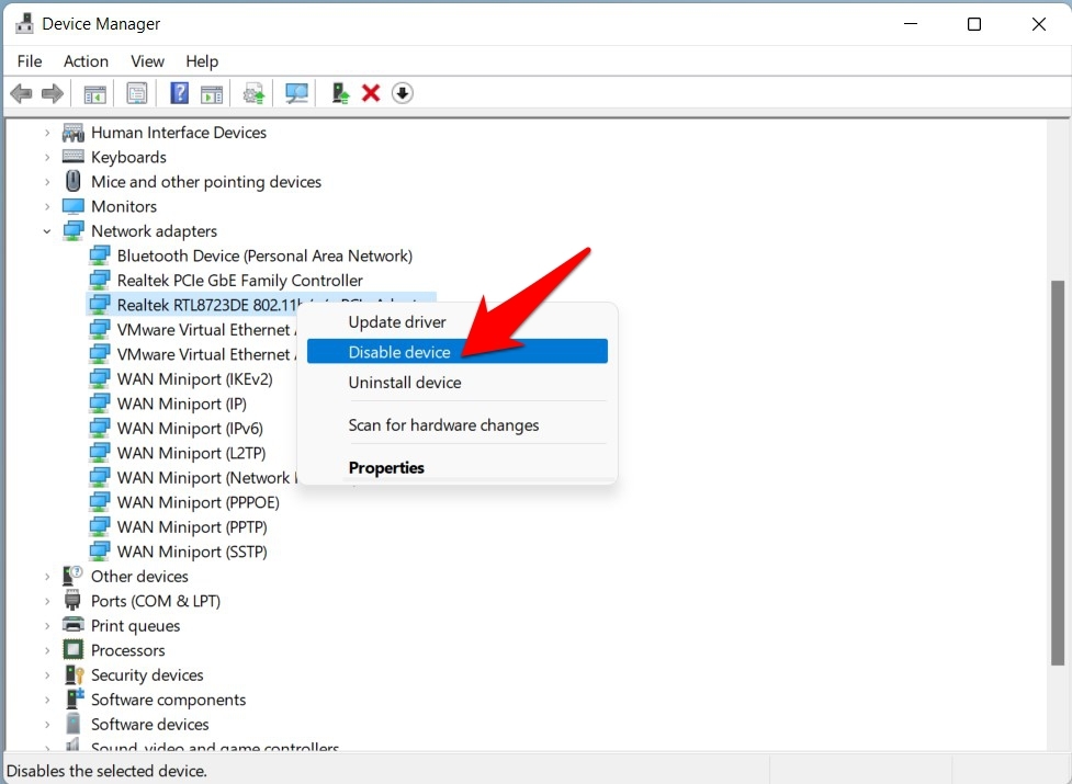 deshabilitar controlador de red windows 11