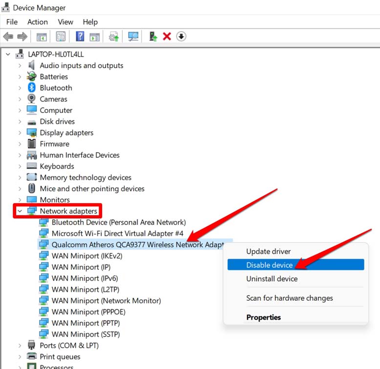 desativar adaptador de rede do sistema operacional Windows