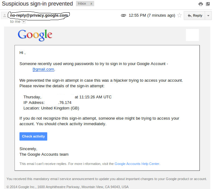 Mail falsa che indica accesso sospetto