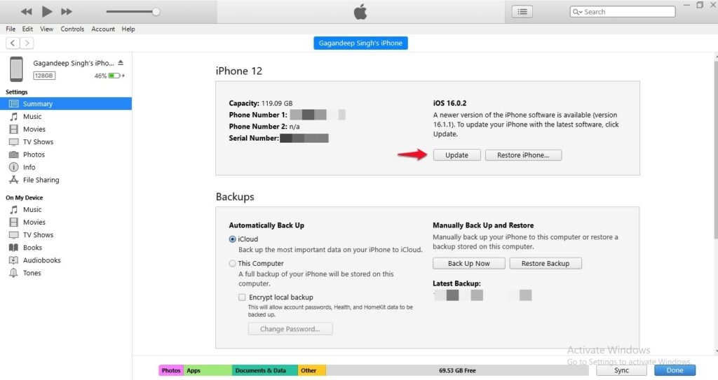Aggiorna iOS tramite iTunes Windows