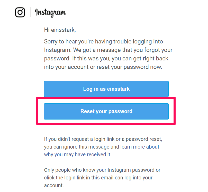 Réinitialiser le mot de passe pour résoudre le message de compte compromis sur Instagram