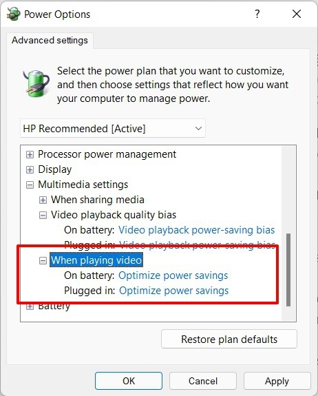 ao reproduzir vídeo otimizar configurações de energia