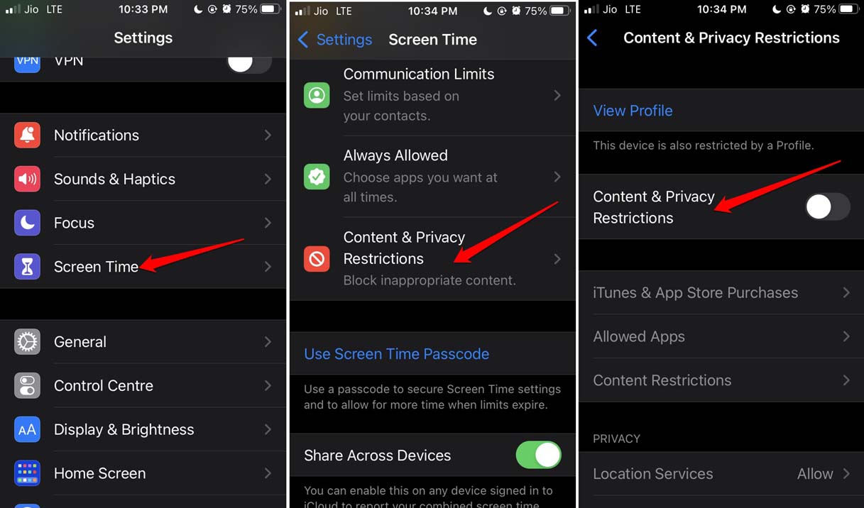 disabilita restrizioni sui contenuti e sulla privacy