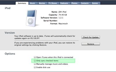 Sincronizando elementos seleccionados al iPod