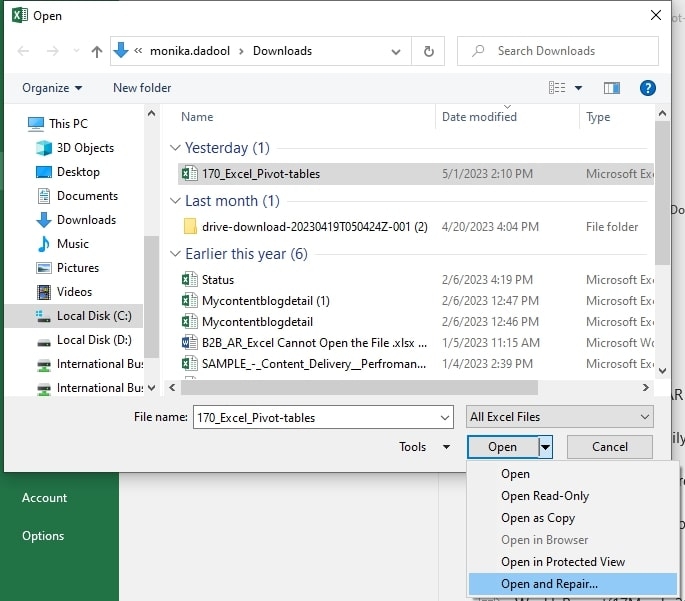 Ferramenta de Reparação Online do Excel - O documento não pode ser salvo no Excel