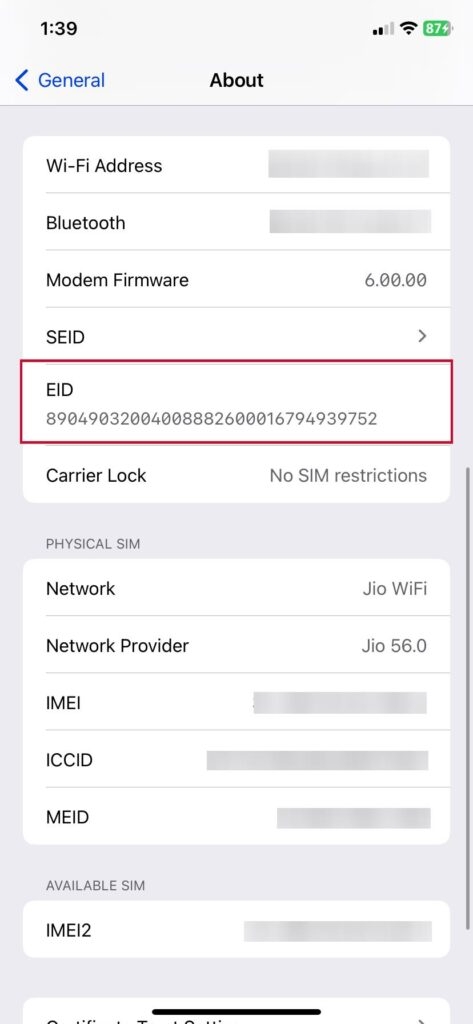 iPhone一般設定 - 情報 - eSIMのEID番号