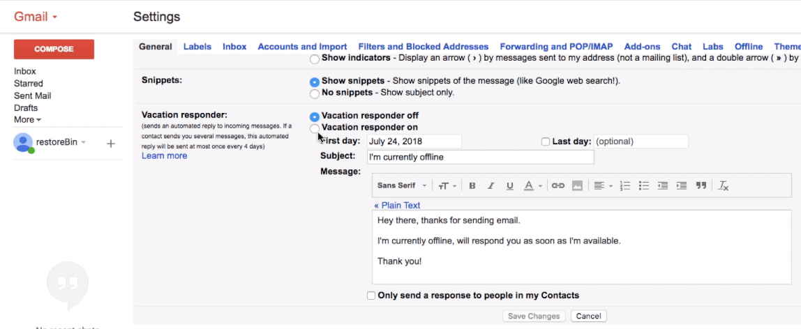 Répondeur de vacances Gmail pour hors du bureau