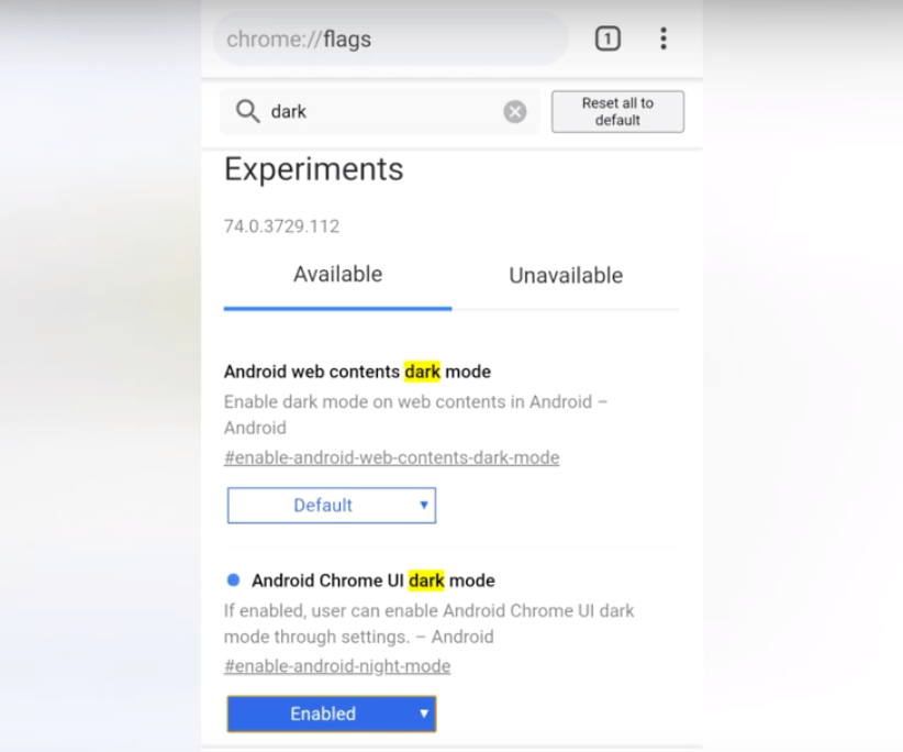 paramètres de drapeau pour Chrome Android