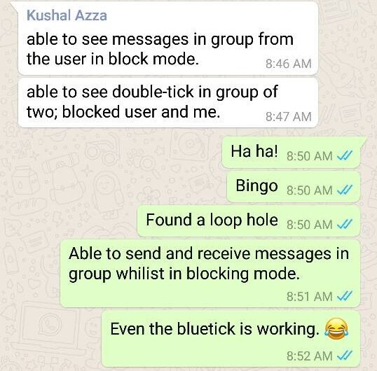 Chat grupal bloqueado con tick azul