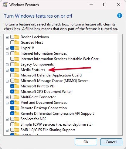 Turn Windows features on or off