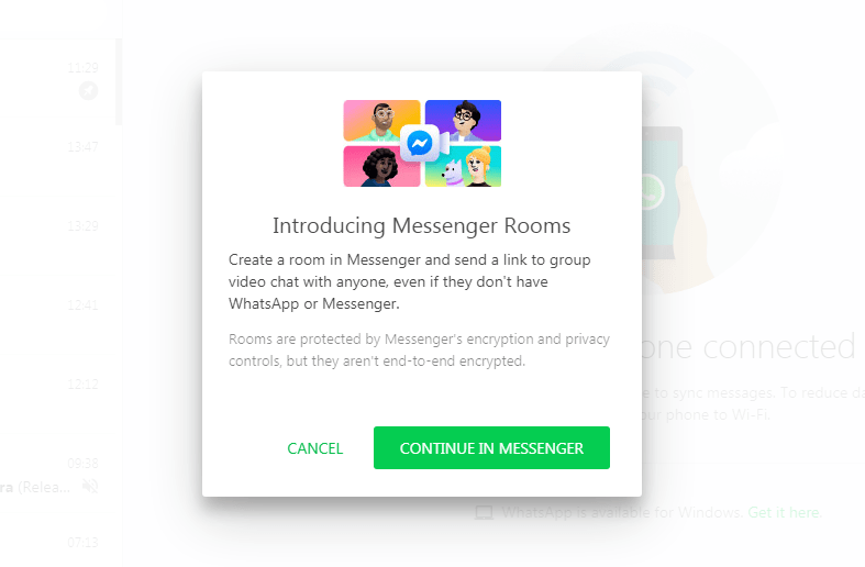 1. WhatsApp Web - Crea stanza - Continua in Messenger