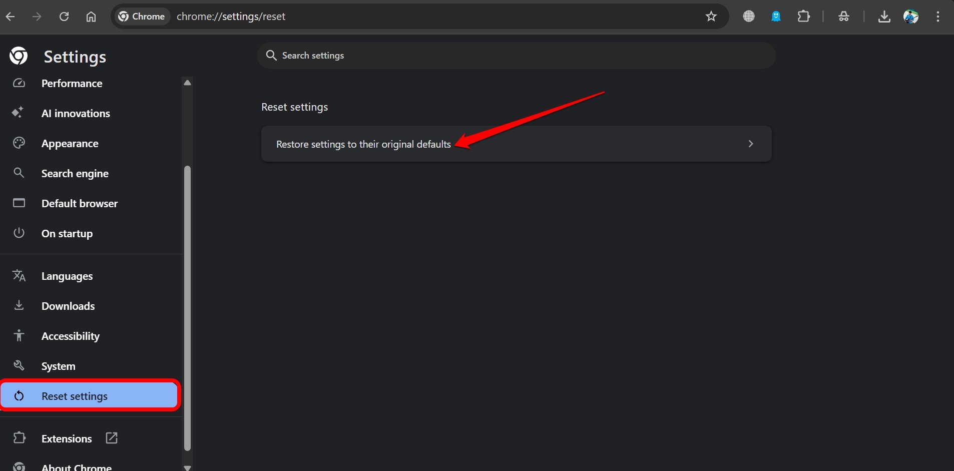 restaurar configurações do chrome para o padrão