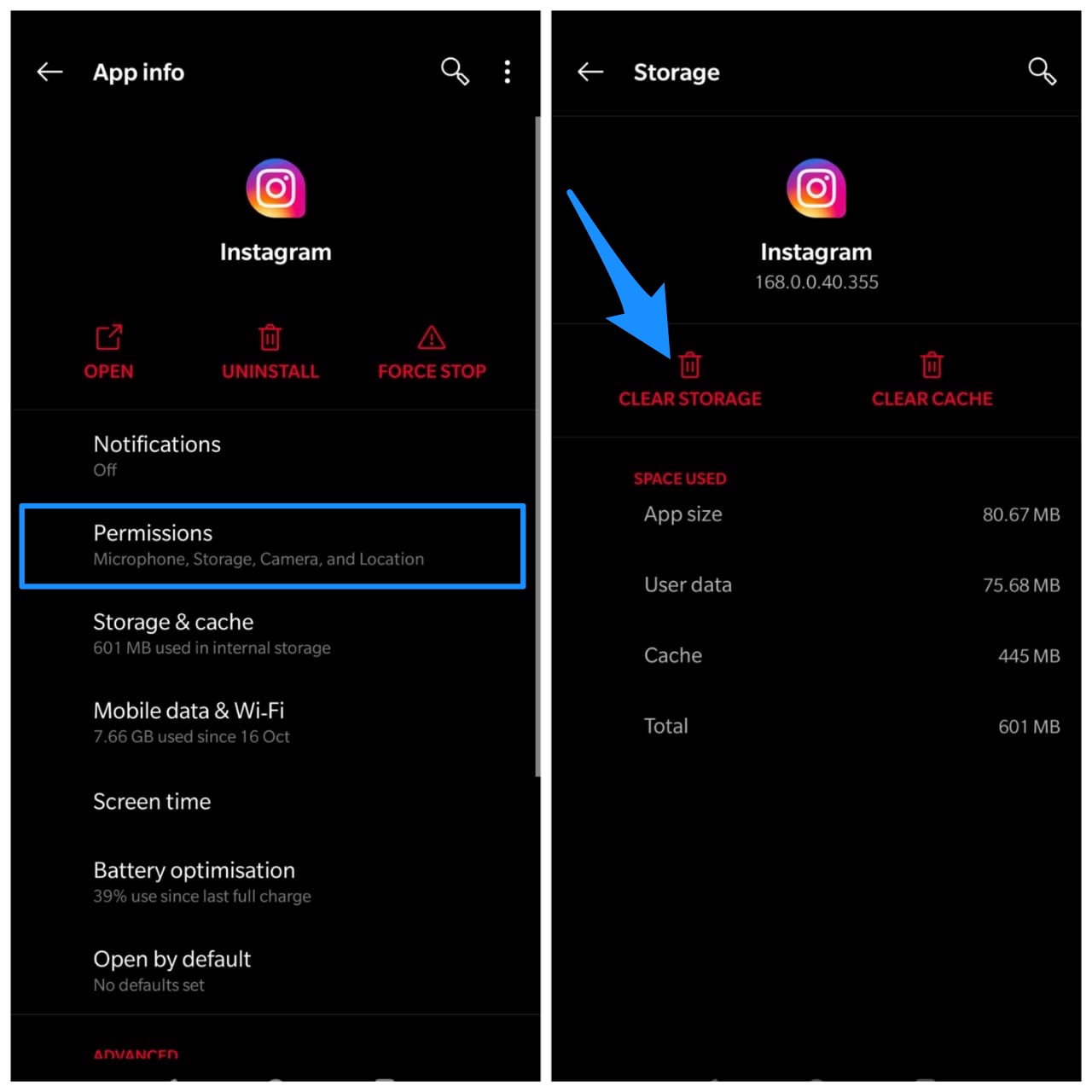 Очистить данные и кэш Instagram Android