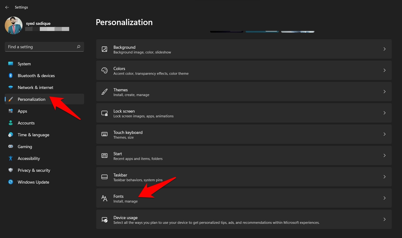 меню шрифтов windows 11