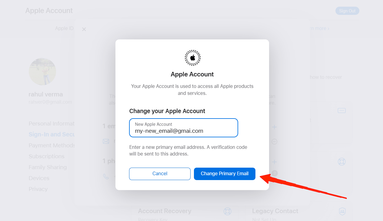 Finalmente, clique no botão Mudar ID Apple e redefina seu ID Apple.