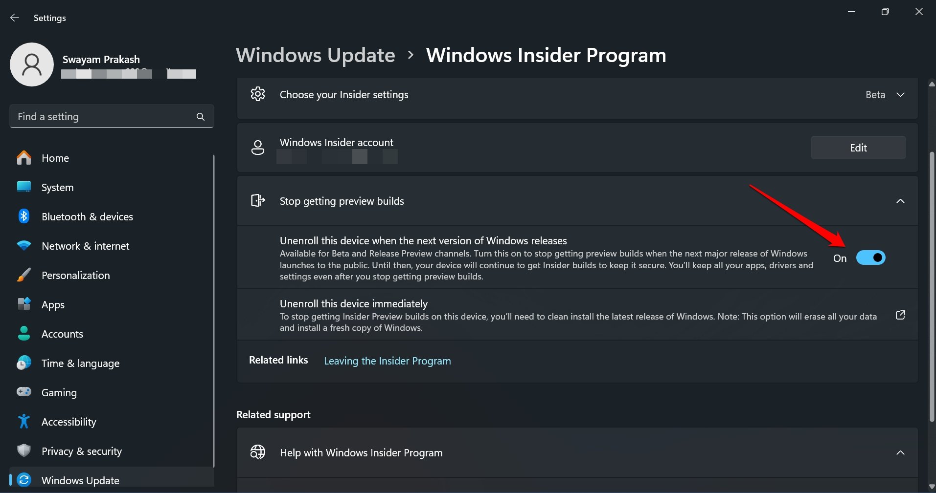 disiscrivi dalla build Insider di Windows