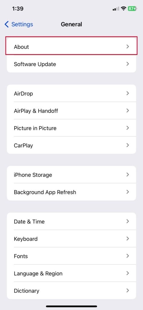 iPhone一般設定 - eSIMのEID番号
