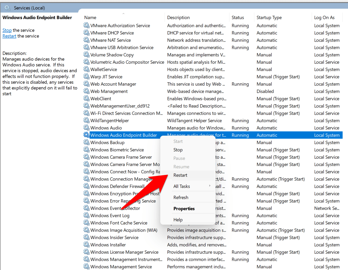 reiniciar constructor de punto final de audio de windows 11