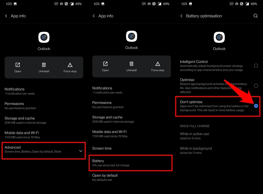 AndroidでOutlookアプリのバッテリー最適化を無効にする