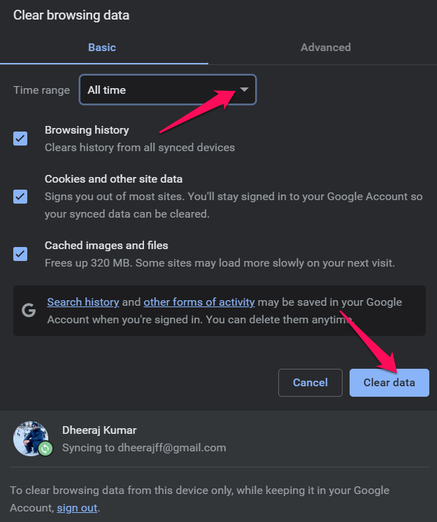 Per cancellare i dati memorizzati dal browser, fai clic su 