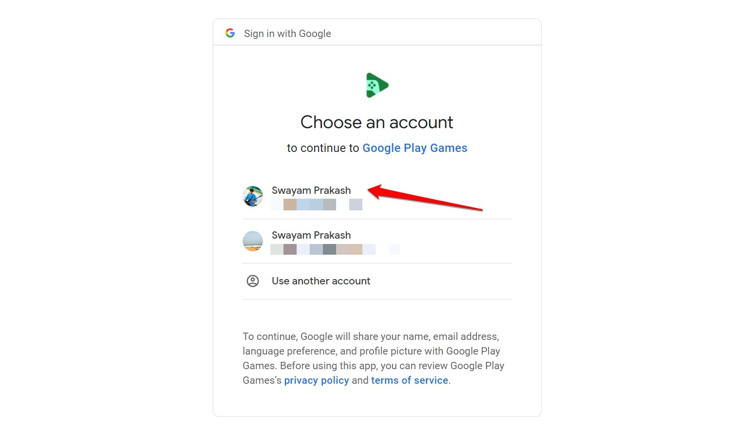 Wählen Sie ein Konto aus, um sich bei Google Play Spiele anzumelden