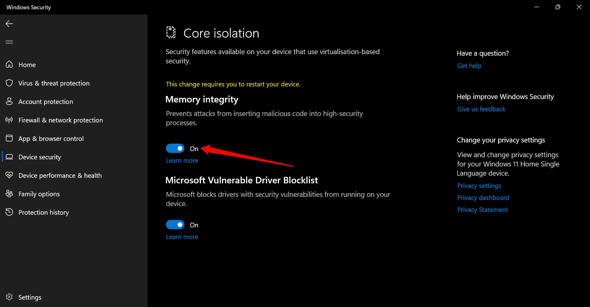 Windows 11でメモリ整合性を有効にする