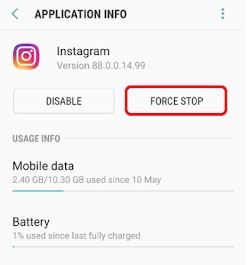 Eliminar y forzar el cierre de la aplicación de Instagram -