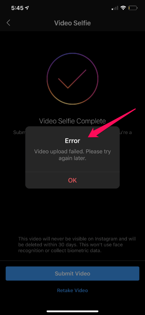 Instagram Video Selfie Verifizierungsfehler