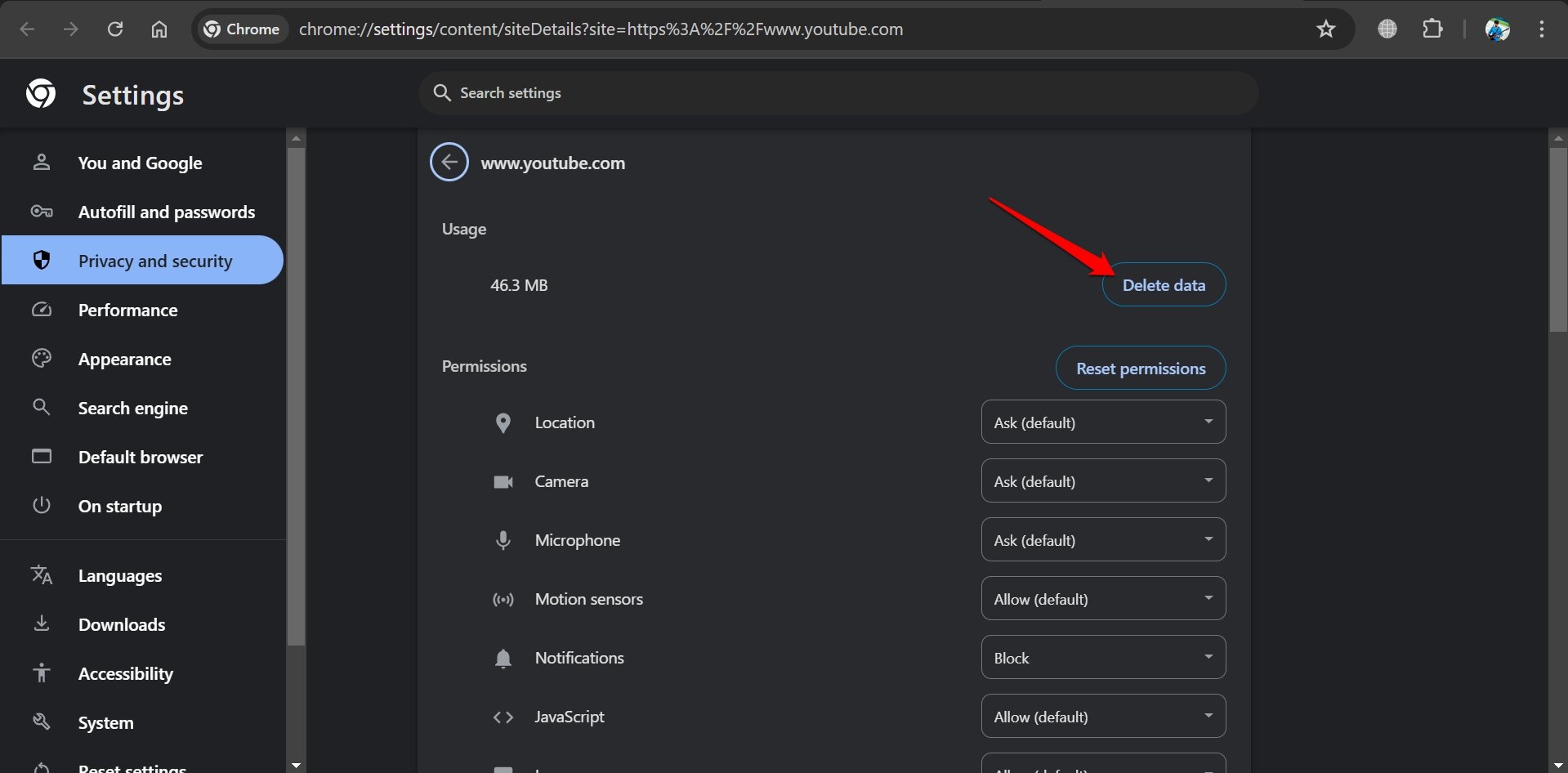 eliminar datos del sitio de YouTube en Chrome