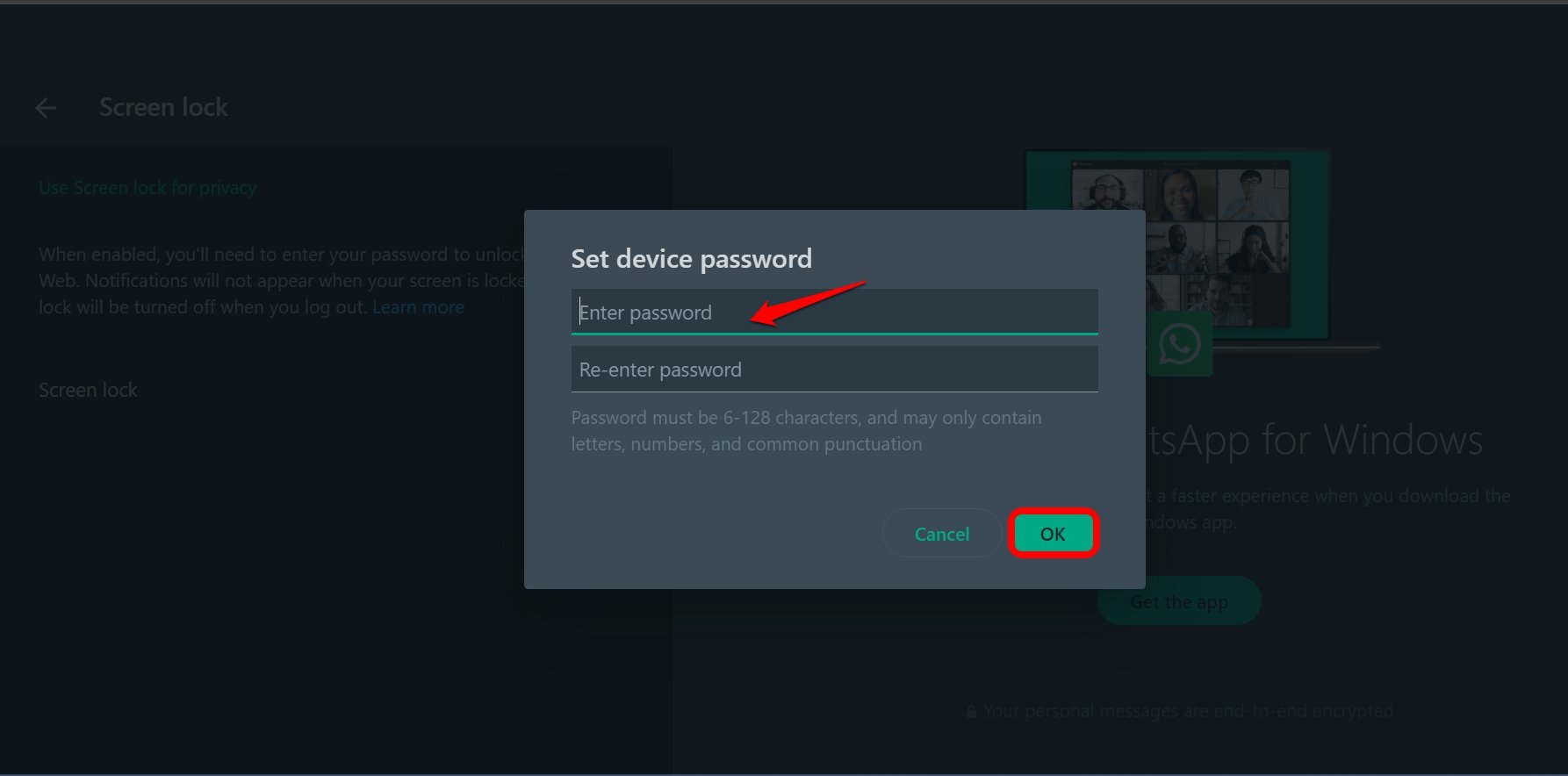 imposta password per whatsapp web