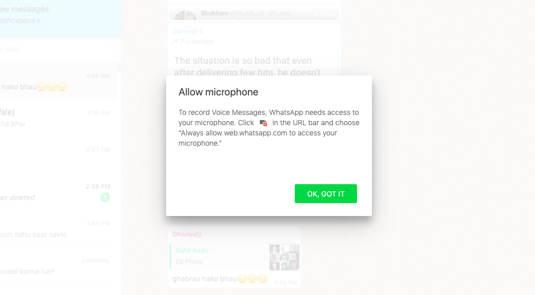 Permisos de mensajes de audio de WhatsApp Web