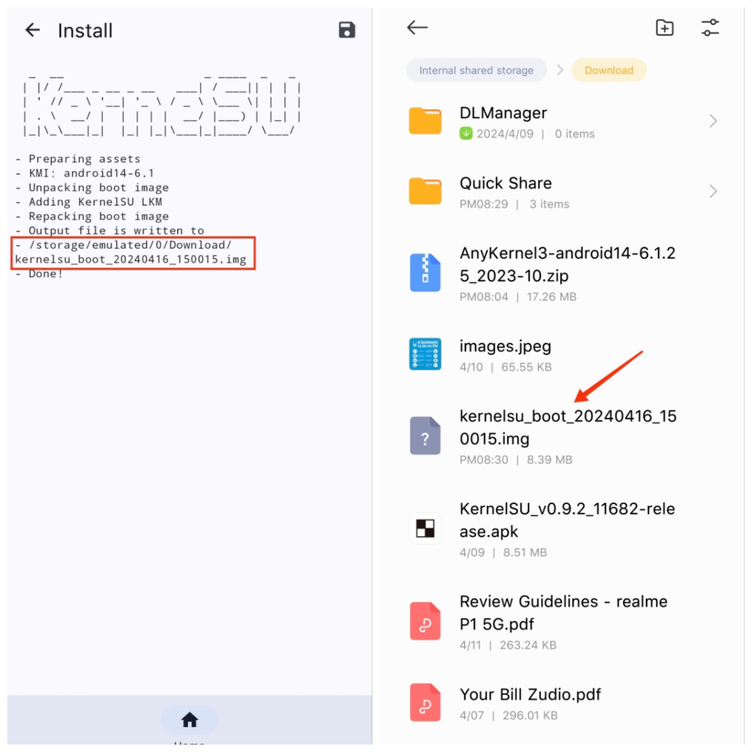 KernelSUブートimgがダウンロードに保存されました