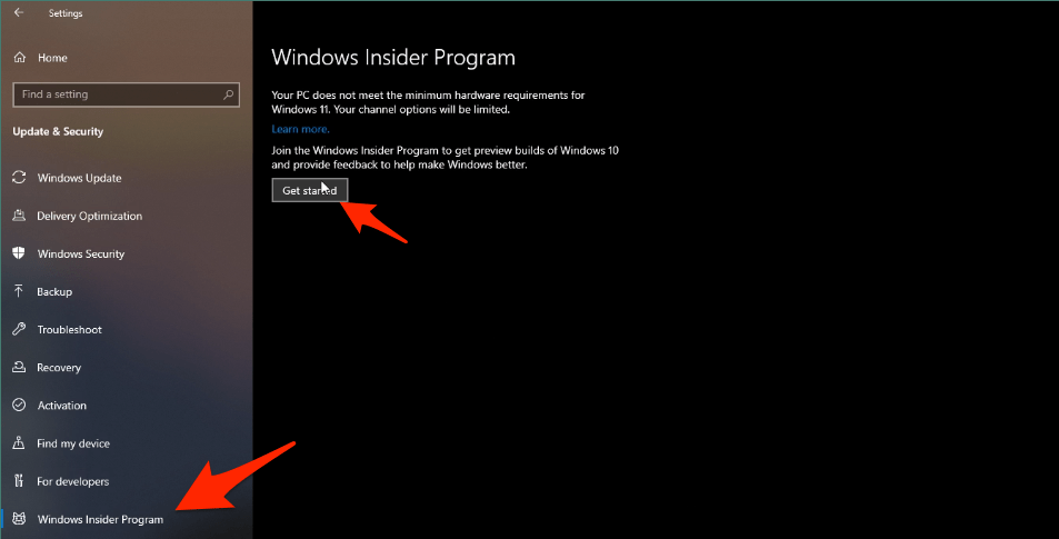 Scegli il Programma Windows Insider in fondo e poi clicca su “Inizia.”