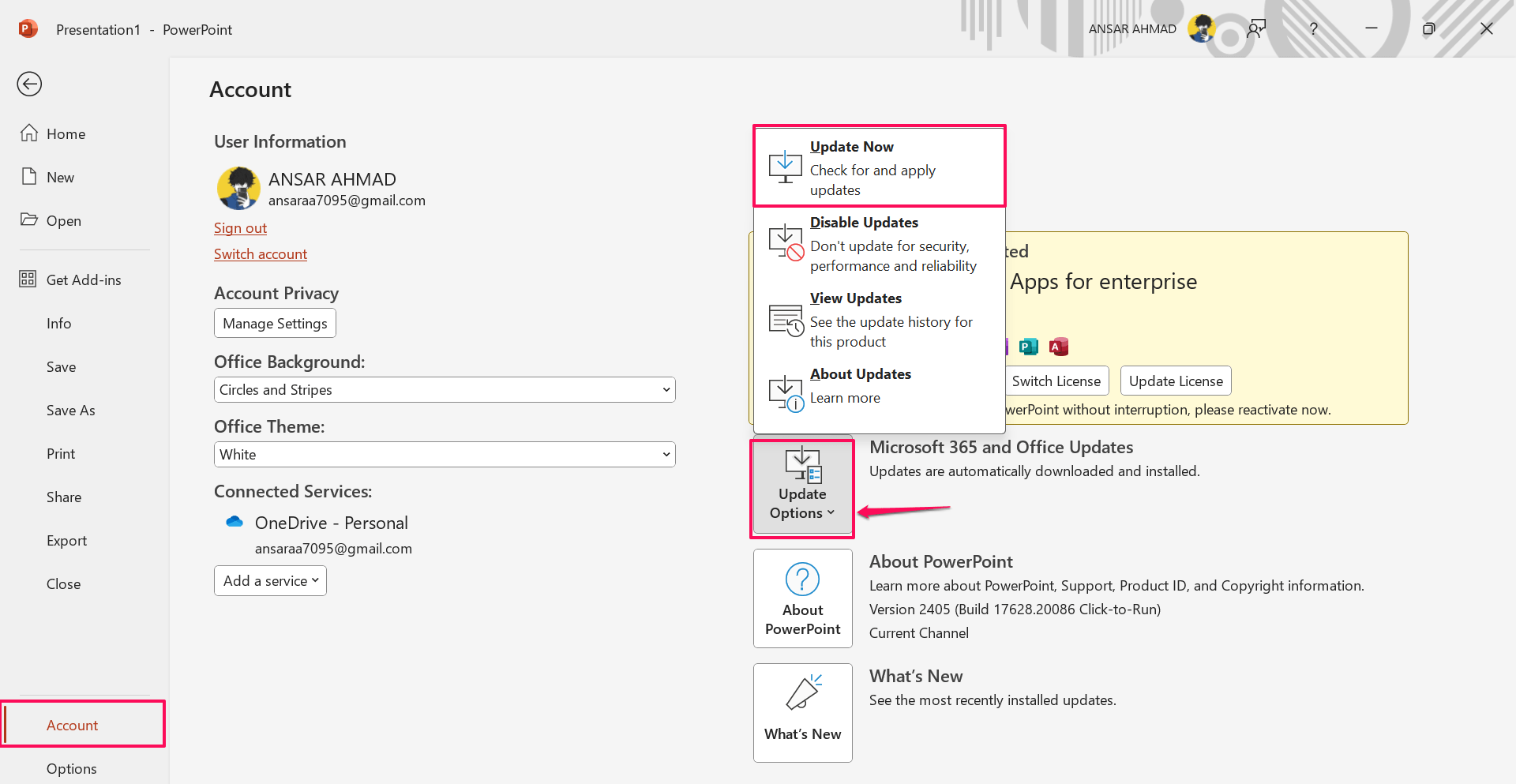 Haz clic en Actualizar ahora para actualizar PowerPoint