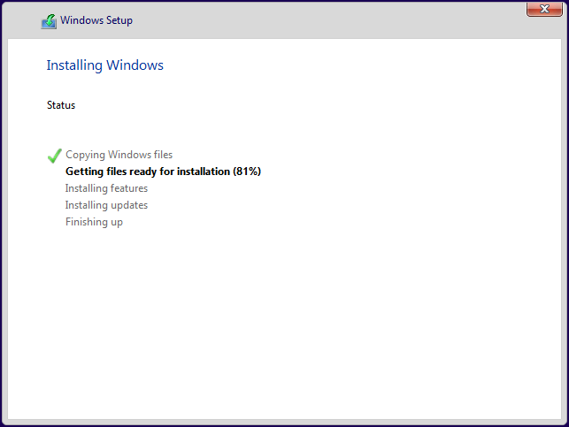 Windows 설치가 시작되고 몇 분 내에 완료됨