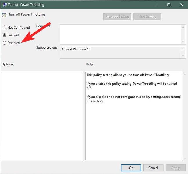 Disabilita la funzionalità di disattivazione del power throttling