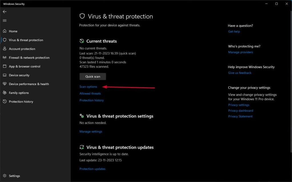 Opzioni di scansione di Windows Security
