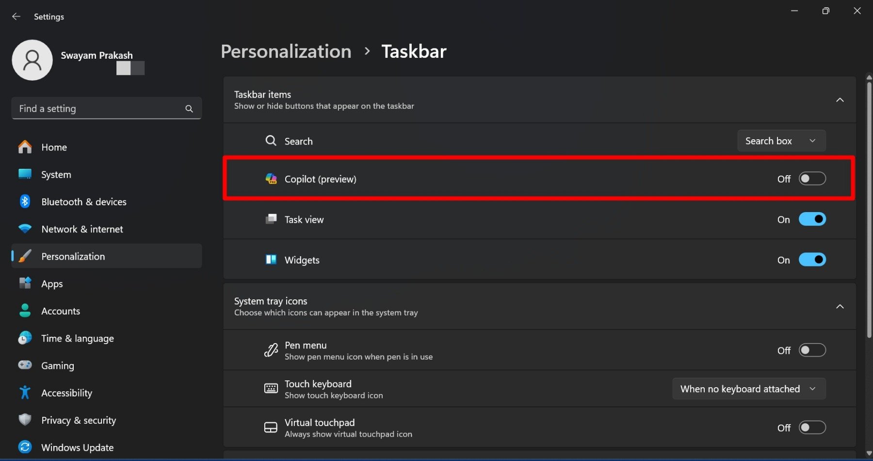 rimuovere copilot dalla barra delle applicazioni di Windows 11