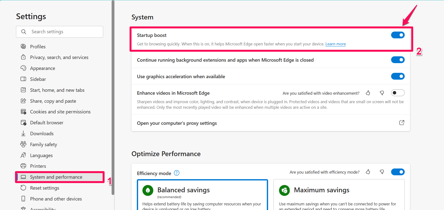 Haz clic en Sistema y rendimiento y habilita el interruptor de inicio rápido