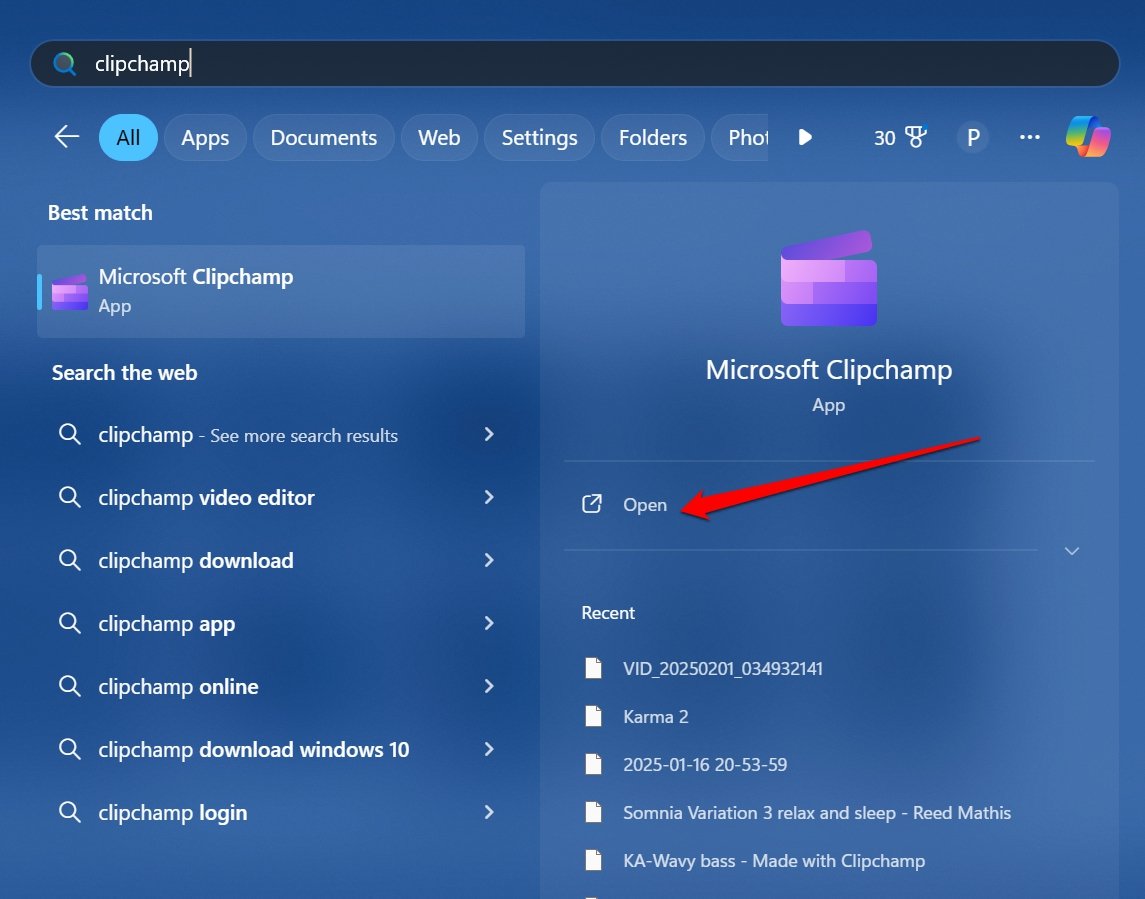 lancer Microsoft Clipchamp